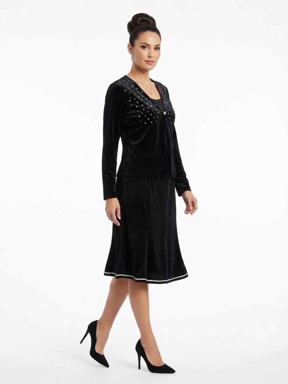 Robert Louis Black Velvet Midi Dress with Stud Accents